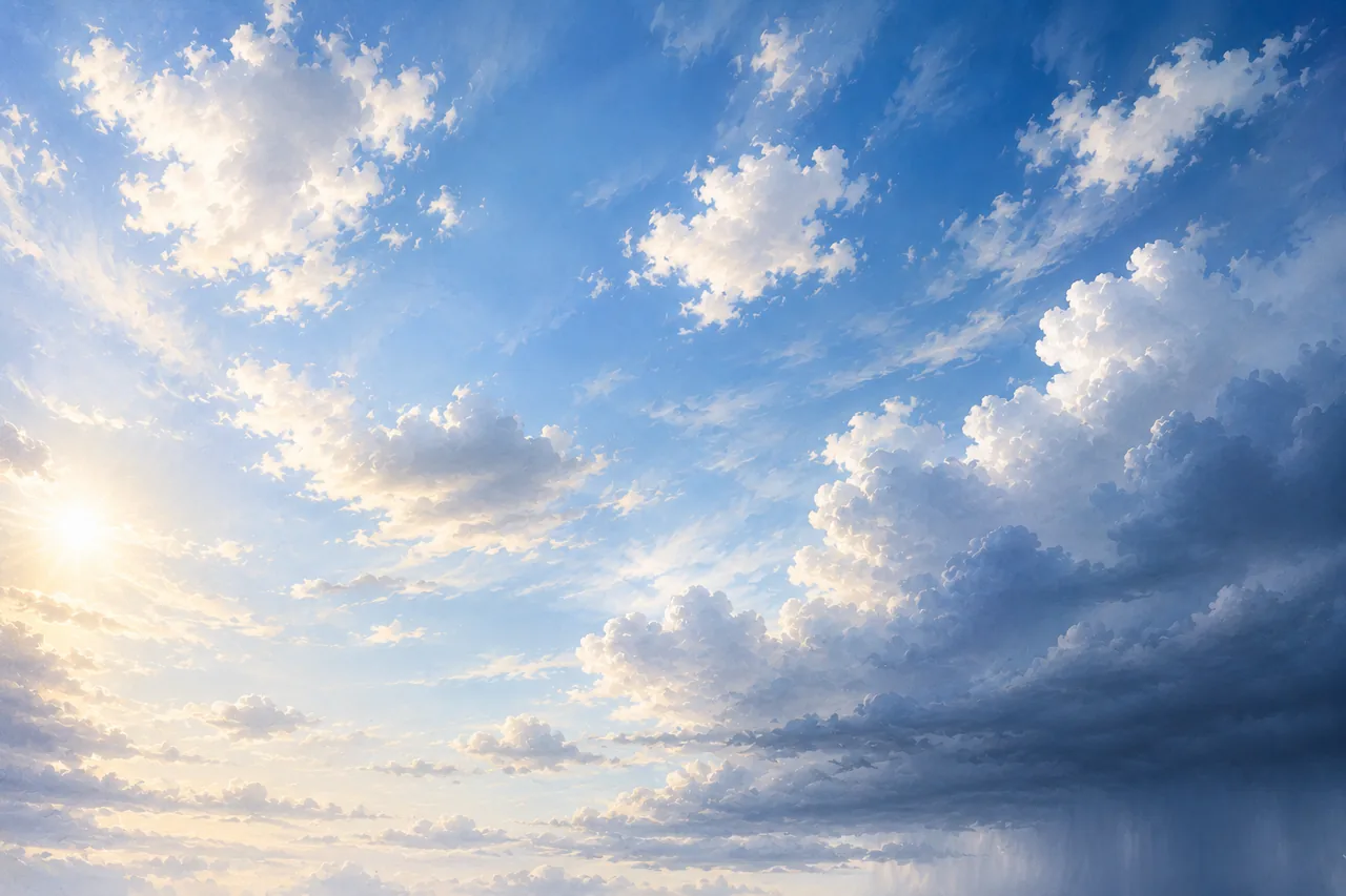 Sunlight and soft clouds meeting a distant storm