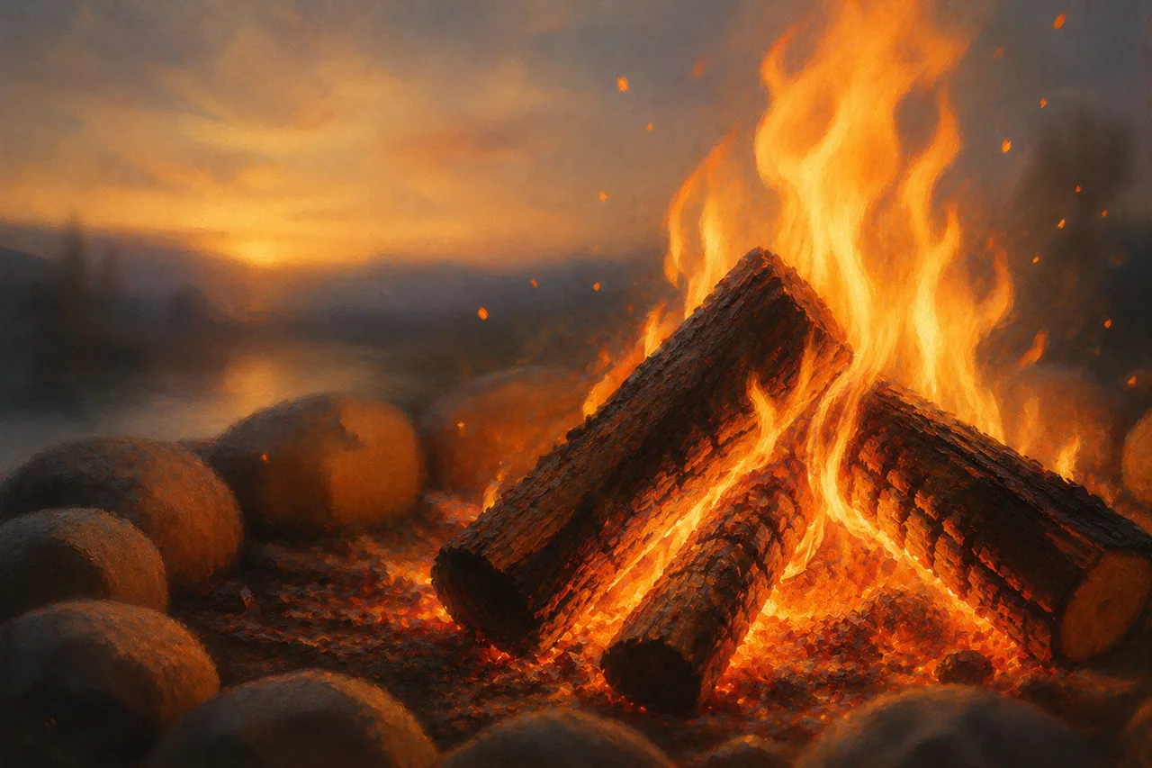 A warm campfire glowing at sunset