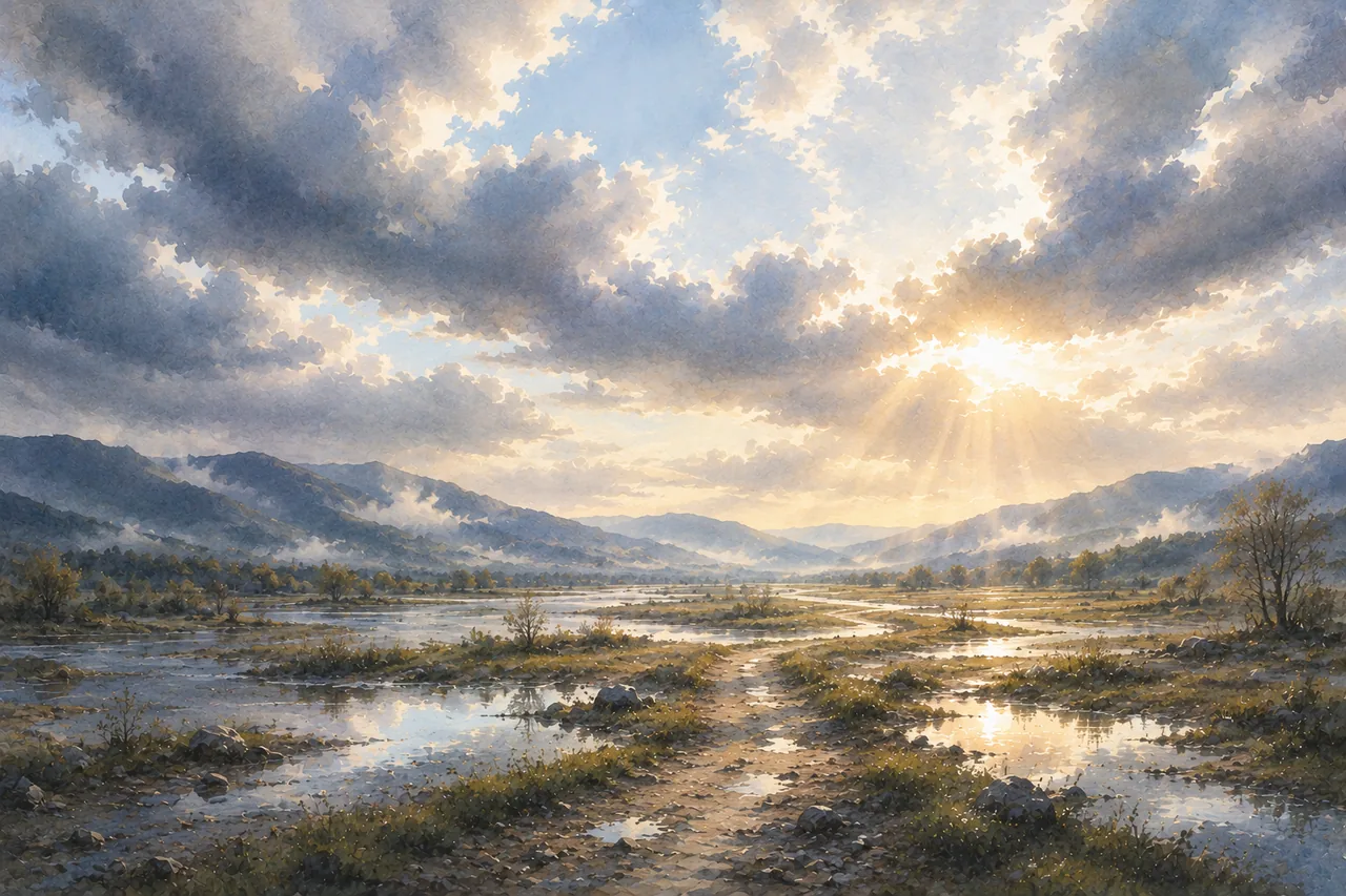 A flooded valley as sunlight returns through the clouds