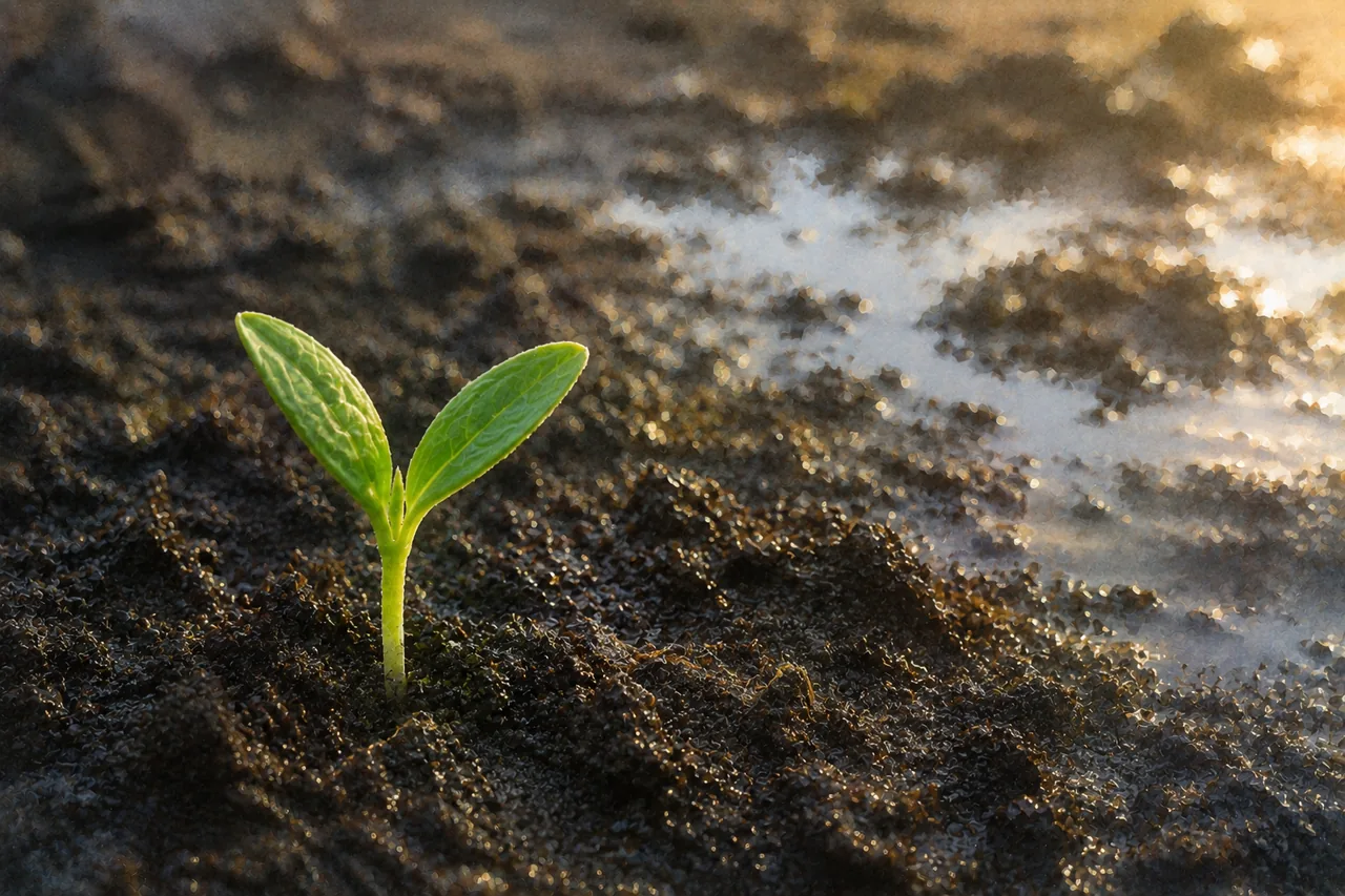 A bright green seedling emerging from dark soil