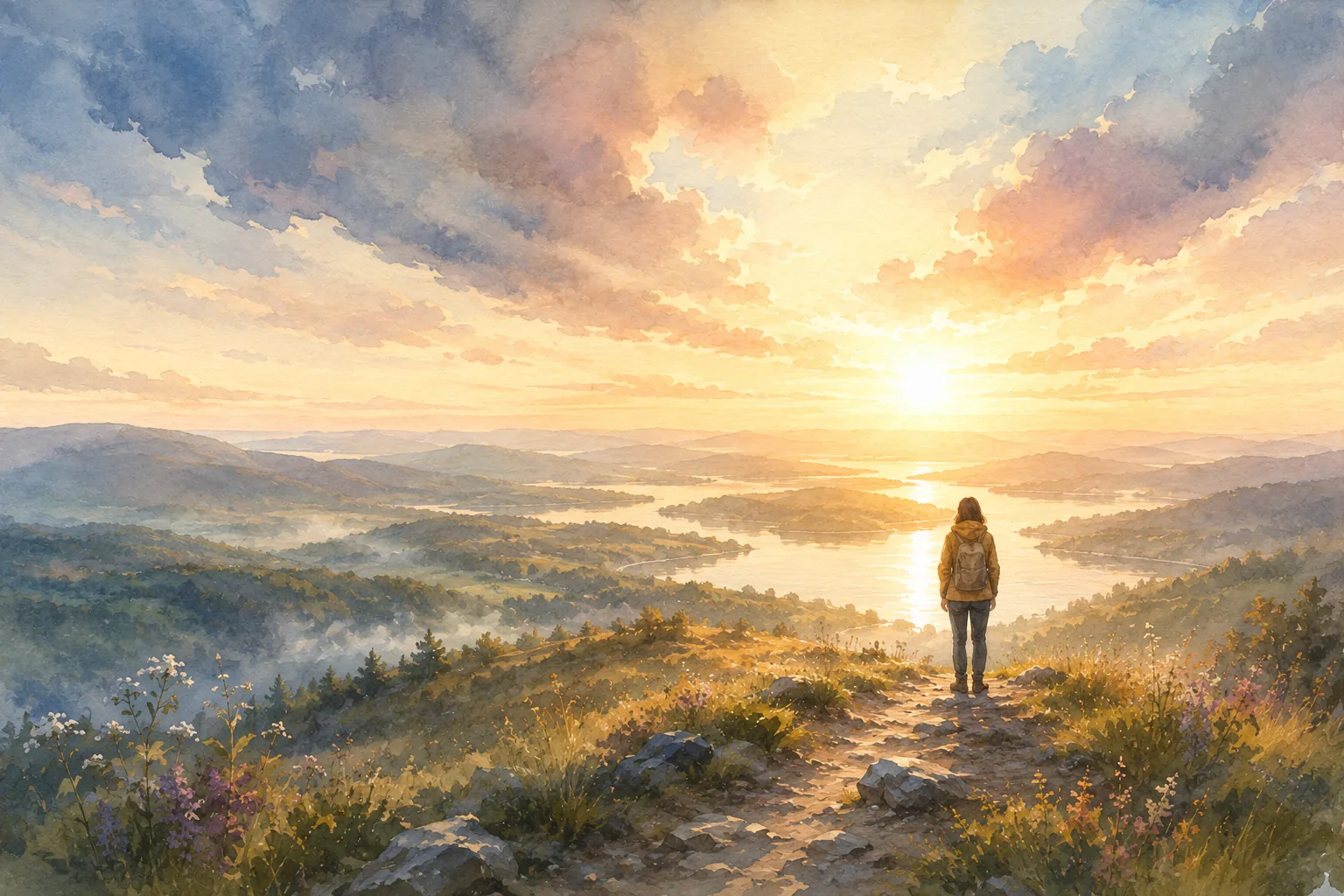 A traveller looking over a sunlit landscape and a winding path