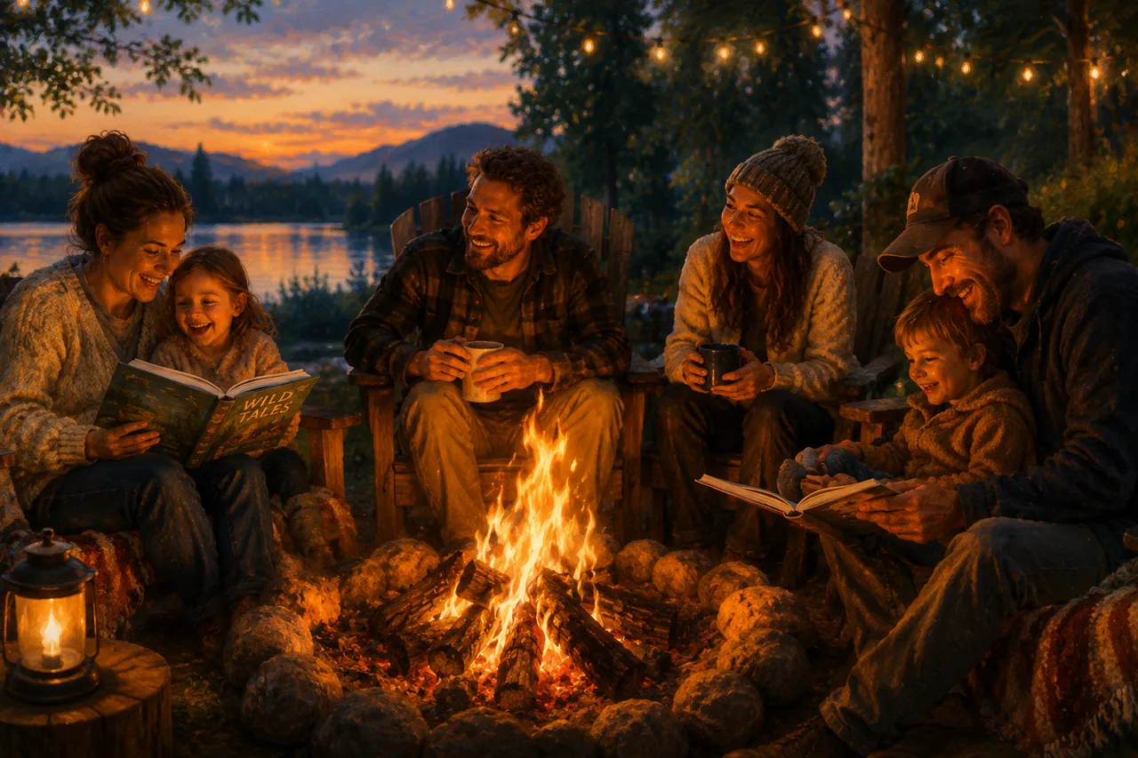 Families sharing stories together around a campfire