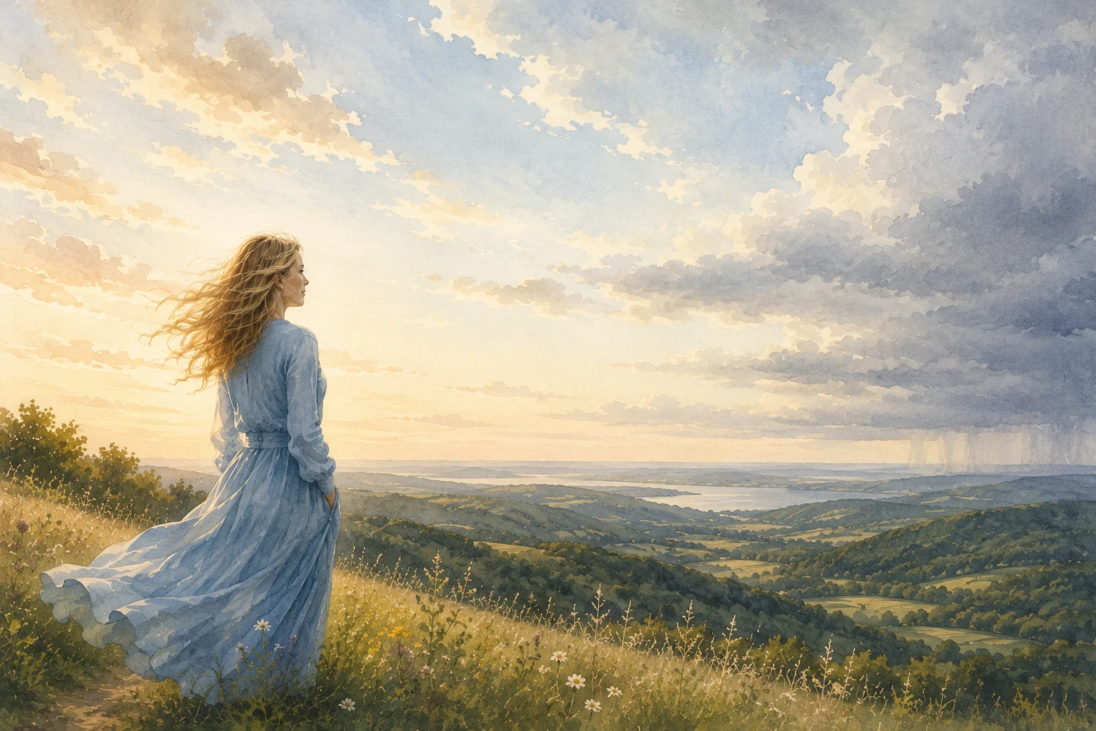 A woman looking over a changing sky and wide landscape