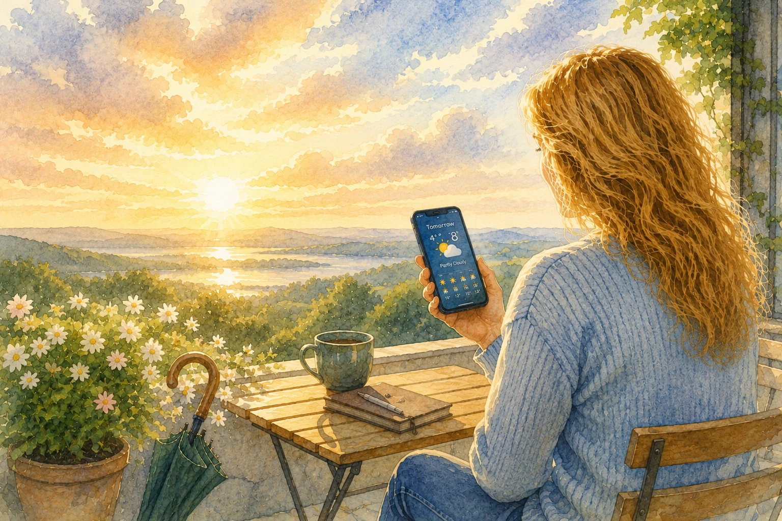 A woman checking the weather forecast from a balcony