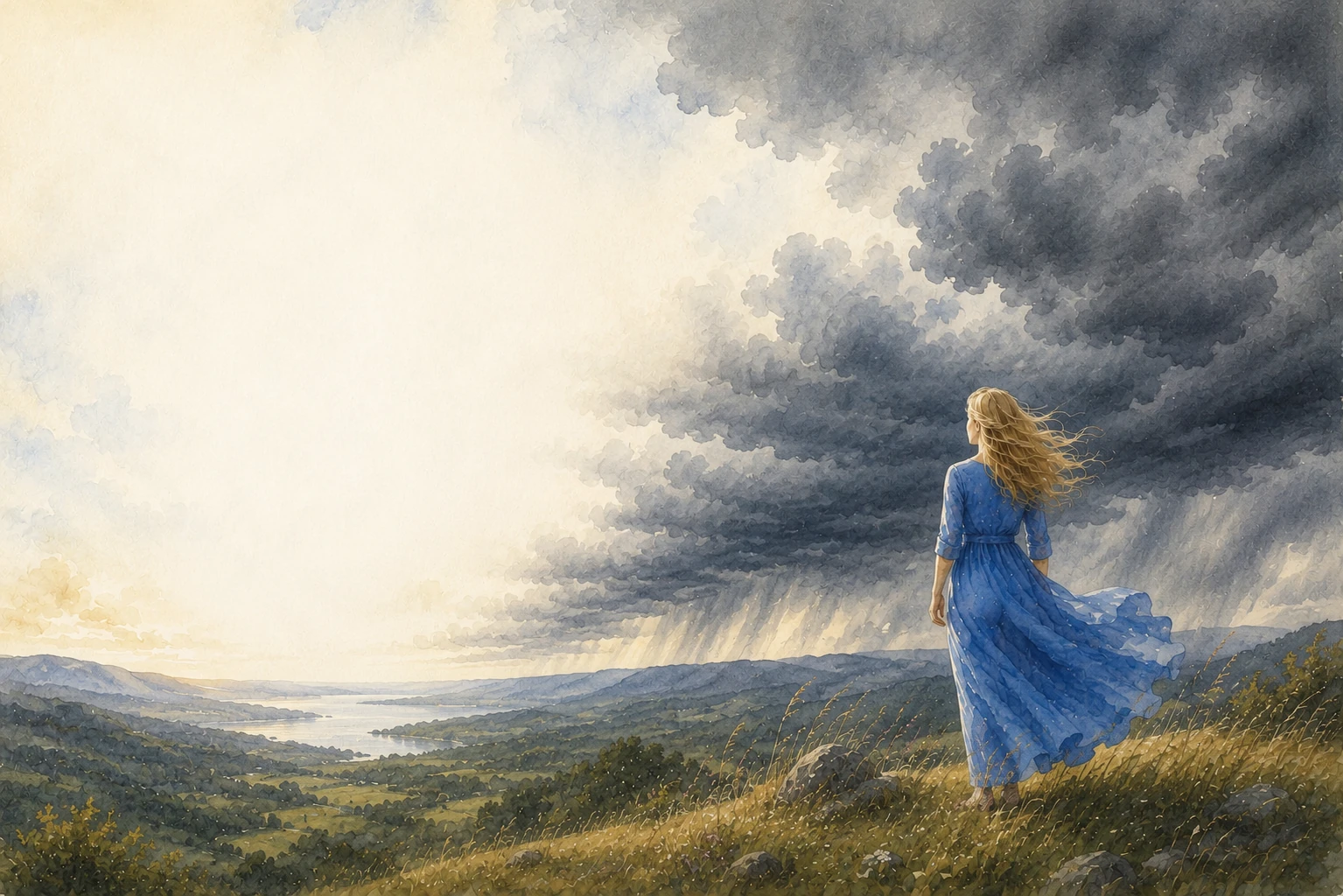 A woman standing beneath a changing sky