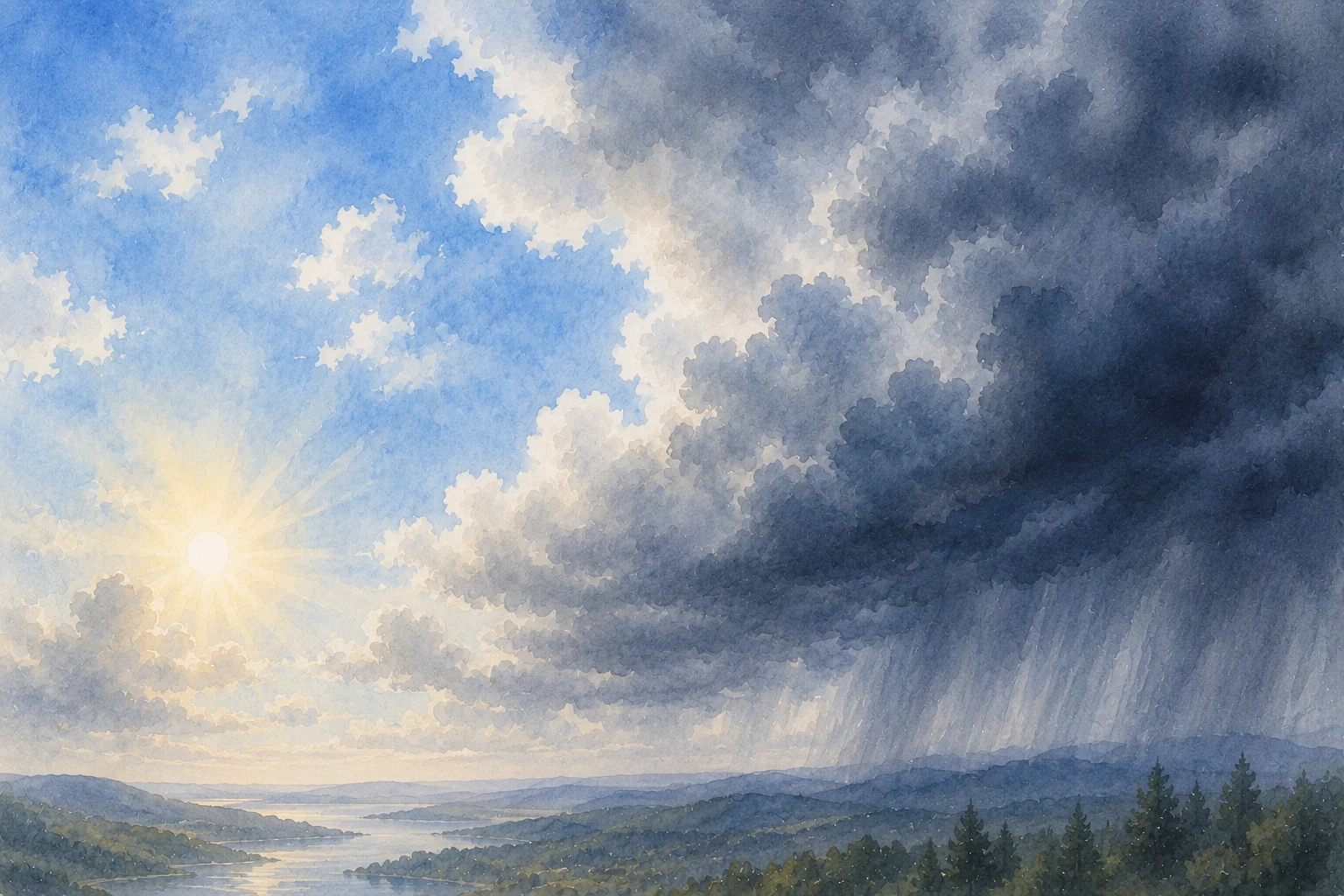 Sunlight and rain over a wide landscape