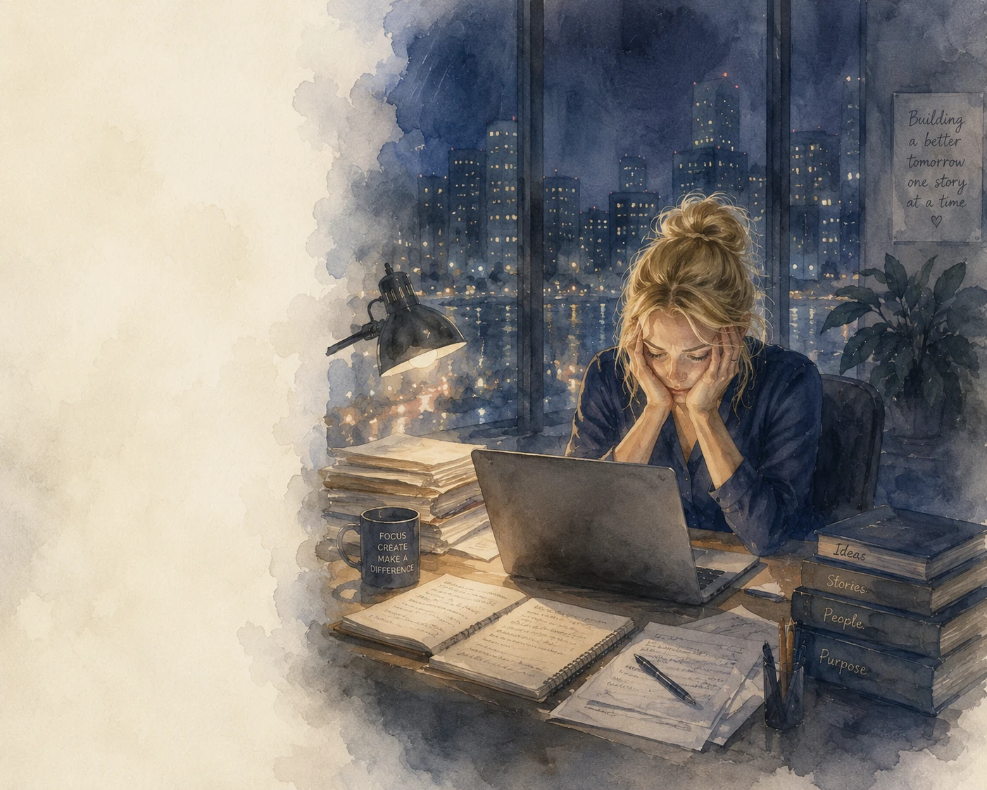 A woman overwhelmed at her desk late at night