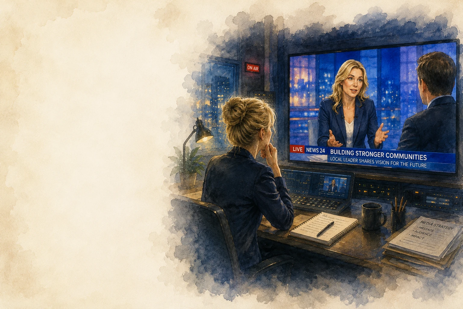 A woman watching an interview on television