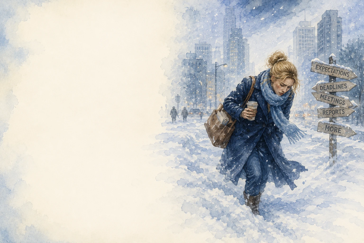 A woman walking through deep snow beside signs for deadlines and expectations