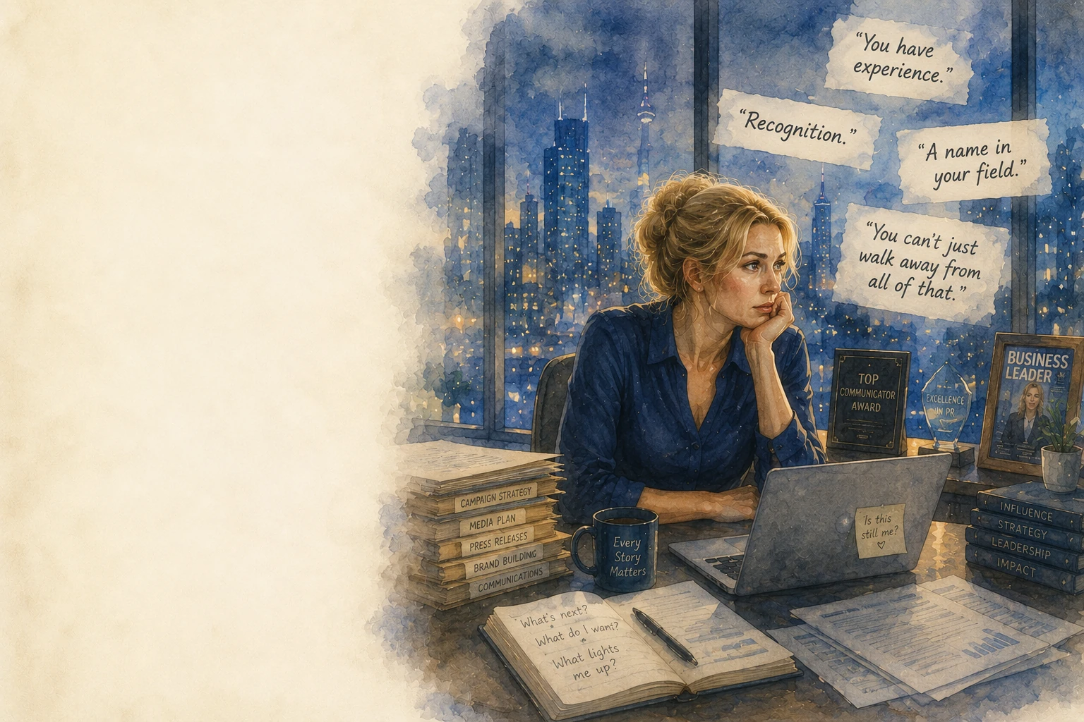 A woman at a desk surrounded by words about recognition and experience