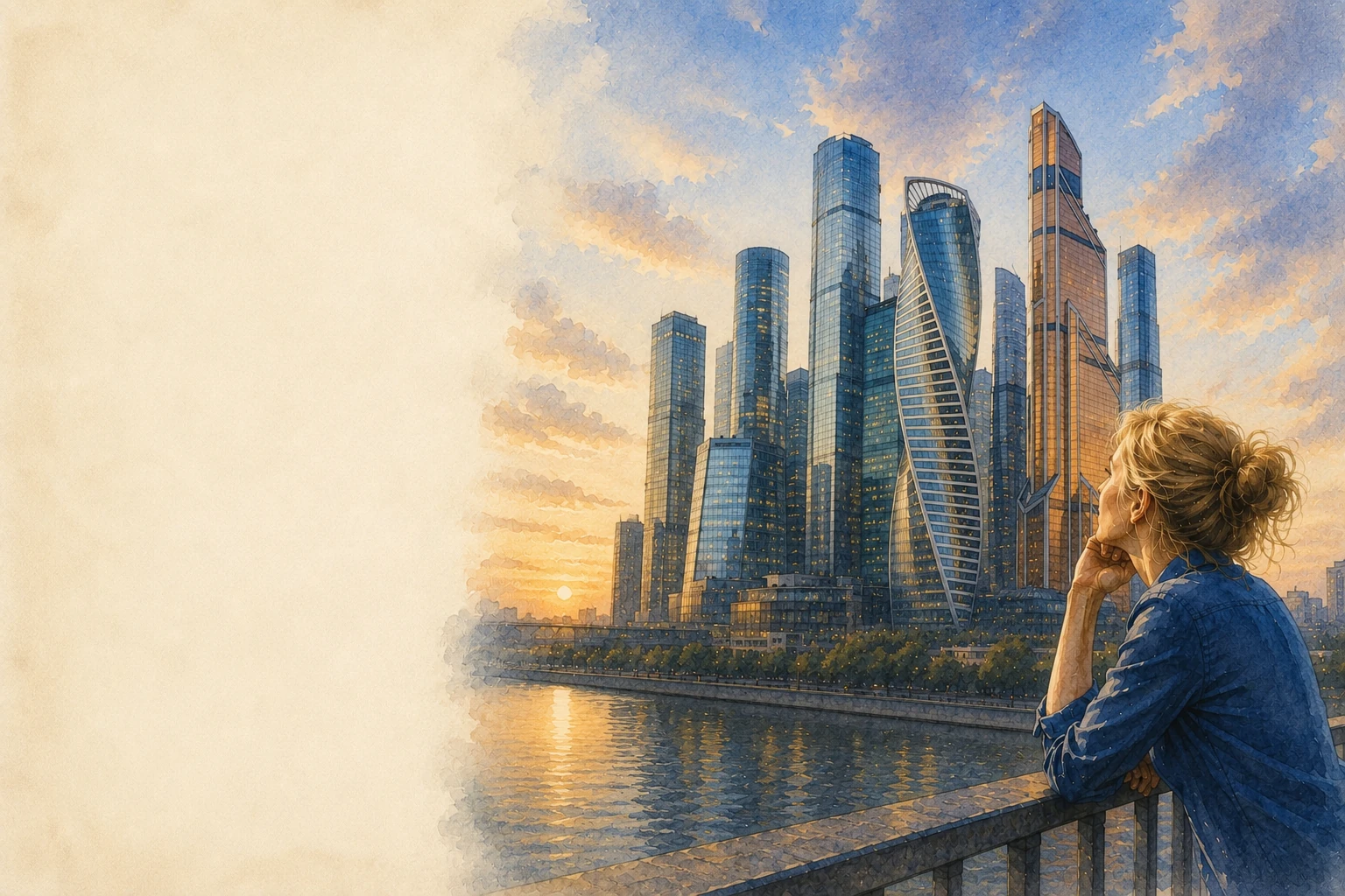 A woman looking at a modern city at sunset