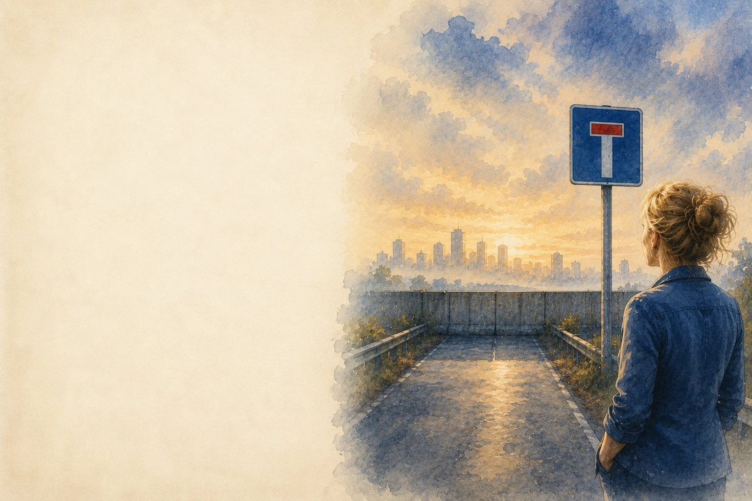 A woman facing a dead end road