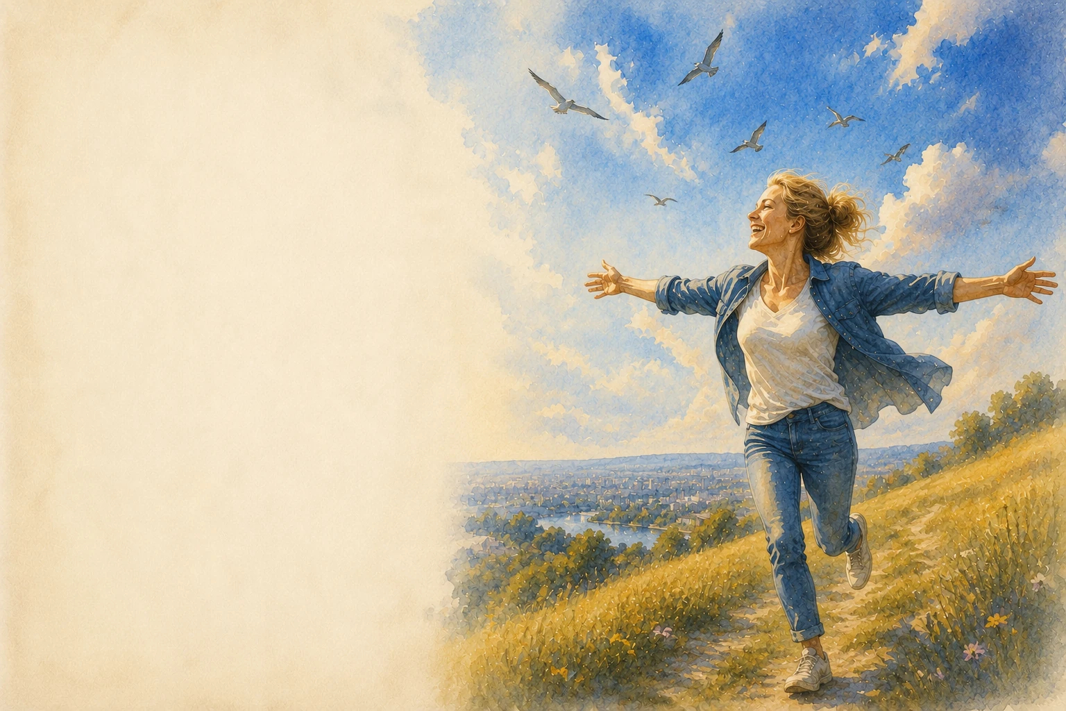 A woman running joyfully on a hilltop