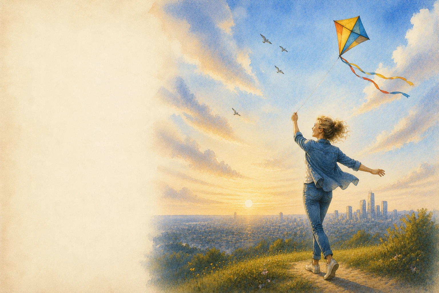 A woman flying a colourful kite over the city
