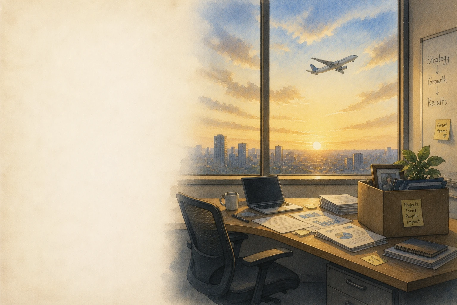 An empty office with a plane flying into a bright future