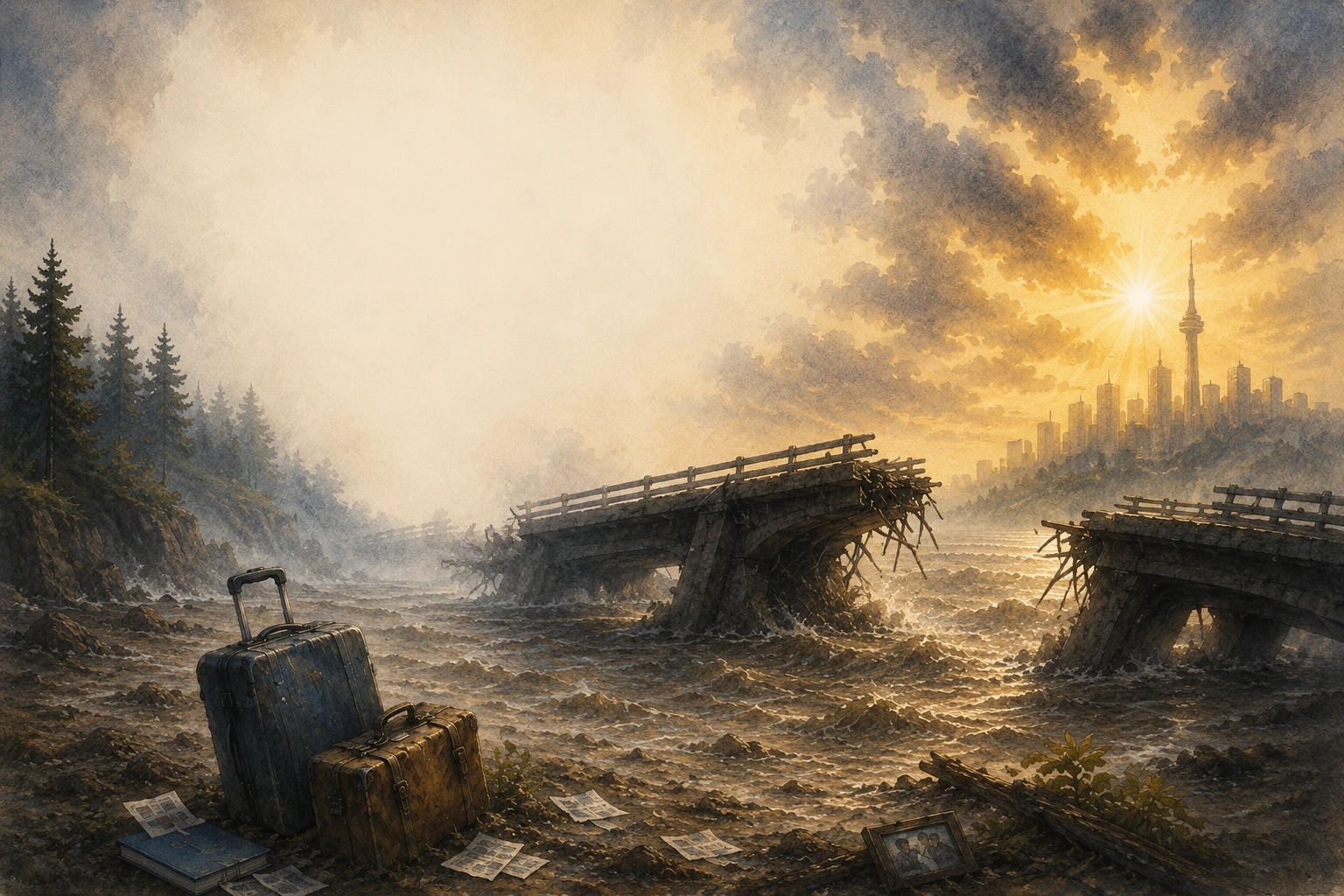 A broken bridge and suitcases beneath a dramatic sky