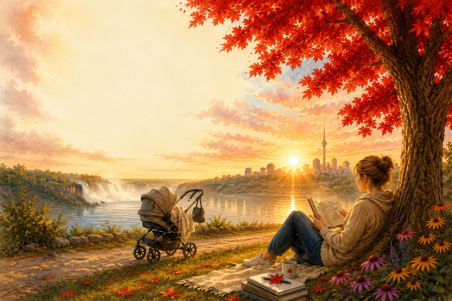 A mother reading beside a stroller at a Canadian sunrise