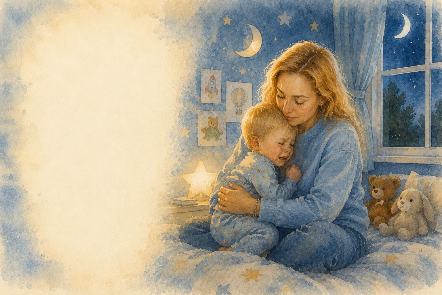 A mother comforting her upset child at bedtime