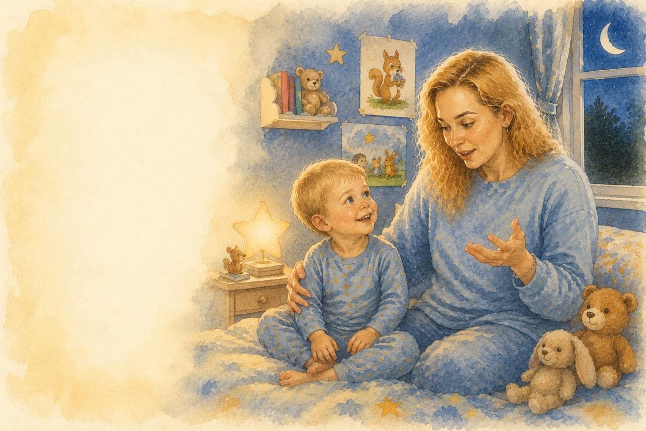 A mother telling a bedtime story to her son