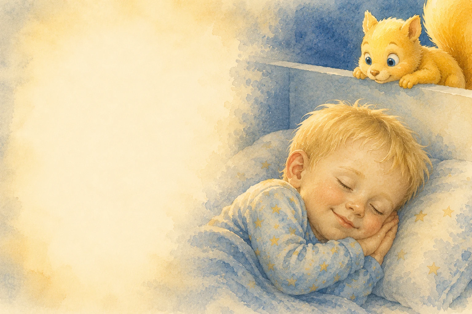 A child sleeping peacefully while a little squirrel watches over him