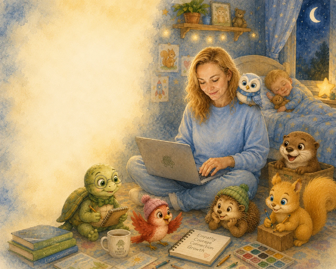 Anna creating Wise Turtle stories with the characters around her