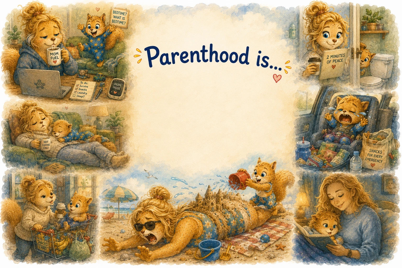 A playful illustration of the many moments of parenthood