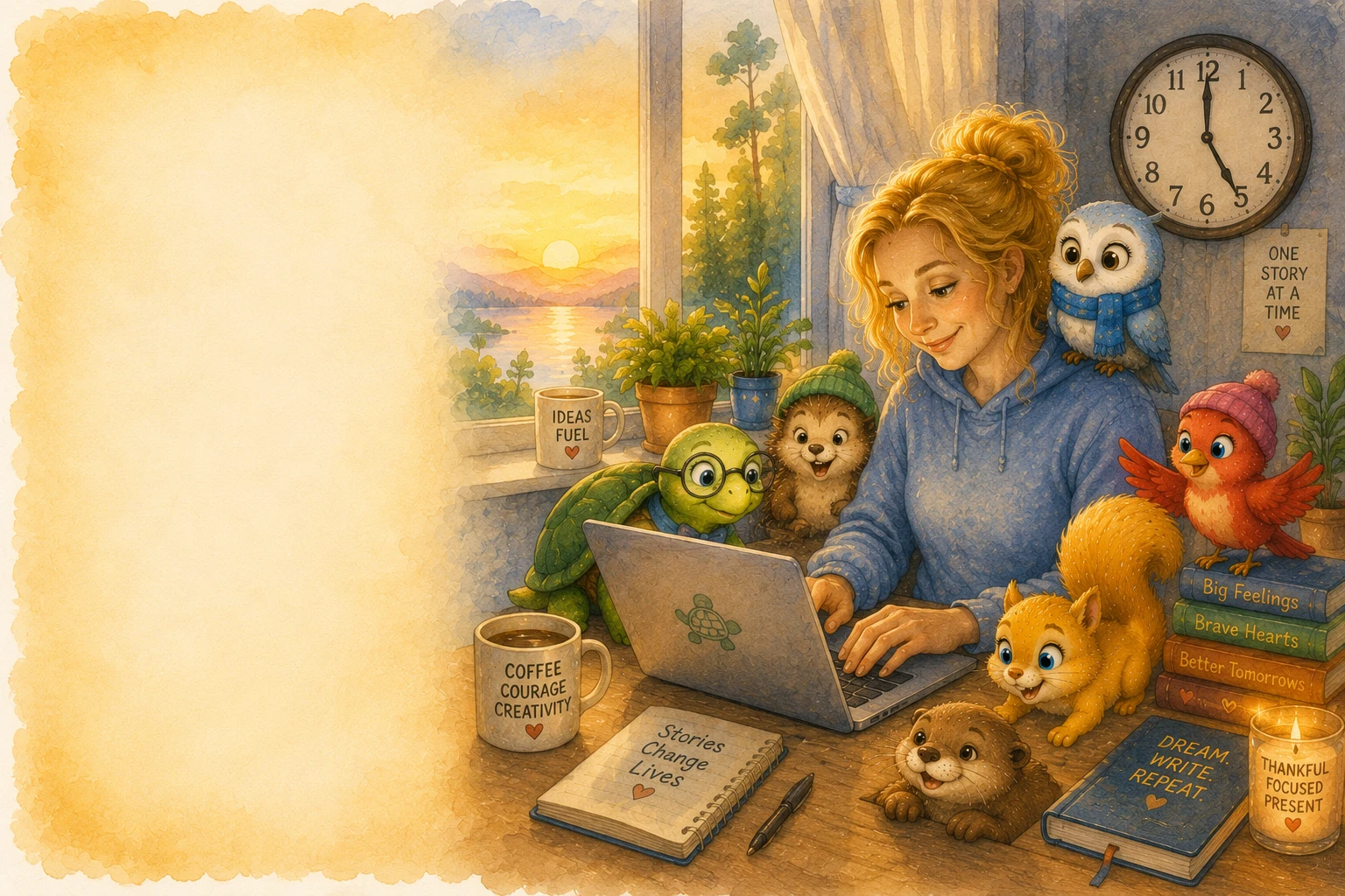 Anna writing with Wise Turtle characters gathered around her